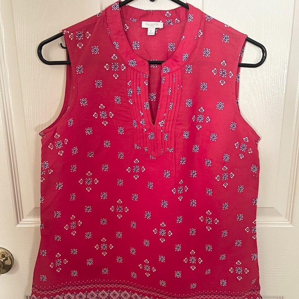 TALBOTS Red Blue White Print Sleeveless Blouse Small Petite V Neck